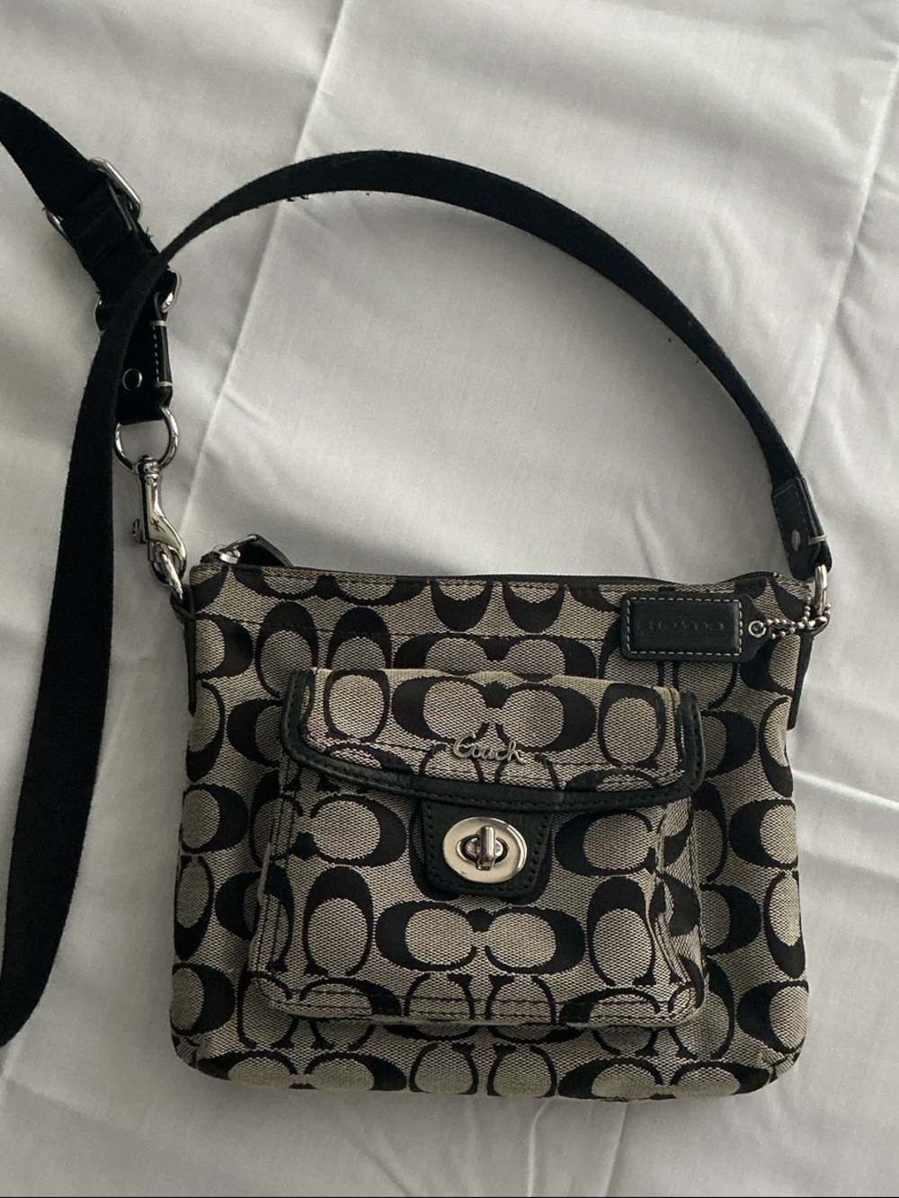 Coach Black and Khaki Signature Small Crossbody Bag